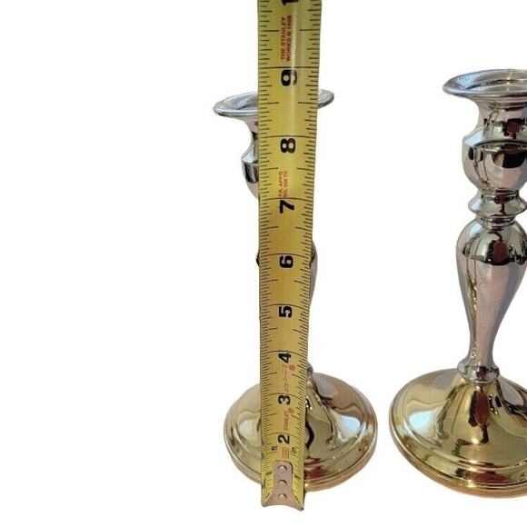 Candlestick Pair Weighted Two-tone Silver Brass Web Pewter Formal Evening - Picture 10 of 10